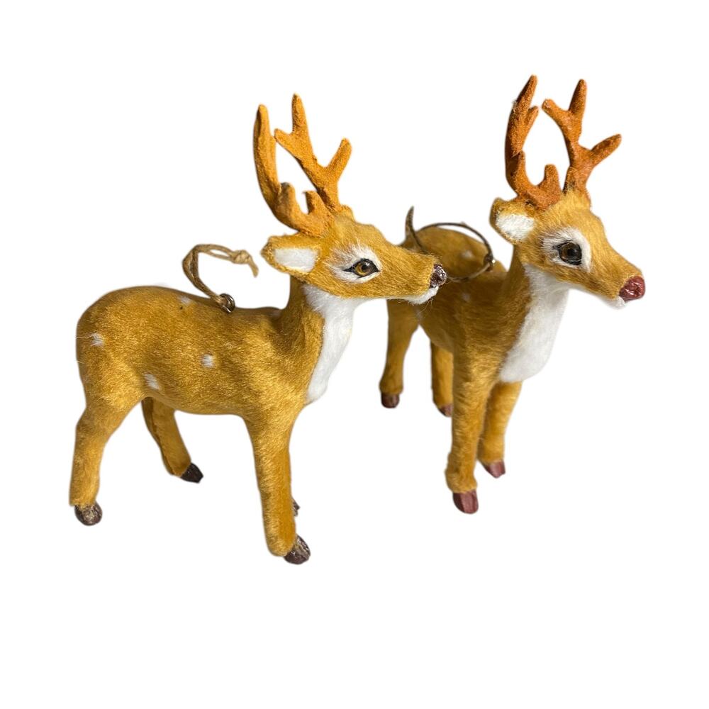 Vintage set of TWO Flocked Buck with Antlers Christmas Tree Ornament Faux Fur